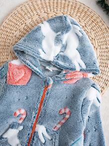 Cozy Pixies Baby Boy Cartoon Dinosaur Pattern Round Neck Long Sleeve Button-Up Fleece Thick Jacket For Autumn/Winter, For Christmas - Multicolor - View 4