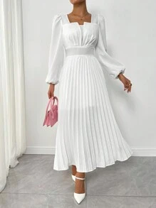 Chiquease 白色法式复古方领连衣裙女秋季新款优雅高档收腰长裙超长款女装 - 白色 - 查看 5