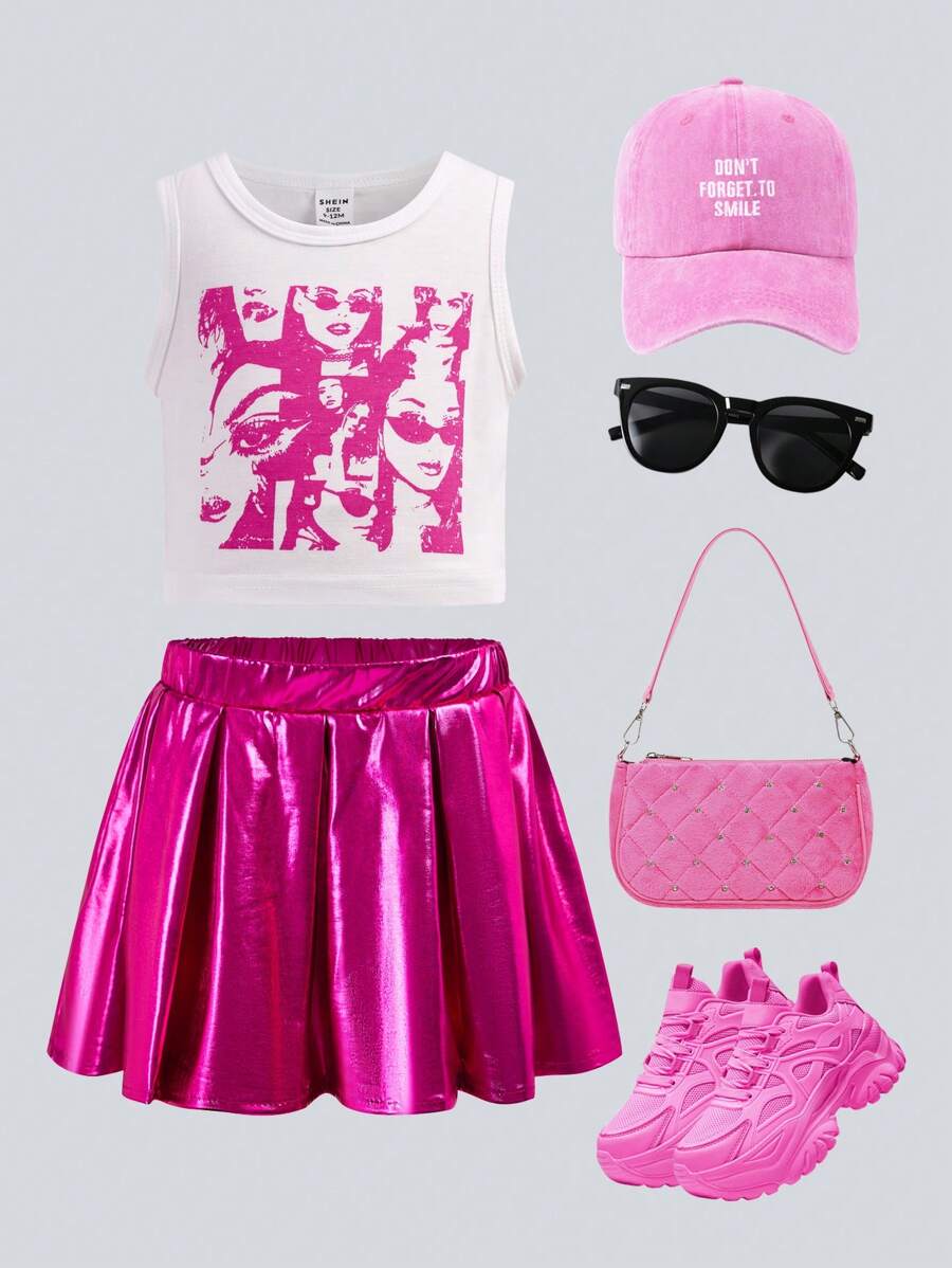 SHEIN Explorewe Baby Girl Summer Fashion Character Printed Top And Laser Pleated Skirt Set, 2pcs