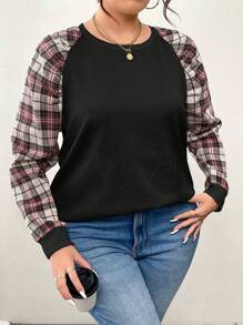 SHEIN LUNE Sudadera casual de cuello redondo de manga larga con estampado a cuadros contrastante, para otoño/invierno, de tallas grandes