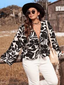 SHEIN VCAY Plus Size Winter For Women Thanksgiving Going Out Top Western Homecoming Western Woman Attire Raves Flapper Top Festival Rave - Black and White - View 3