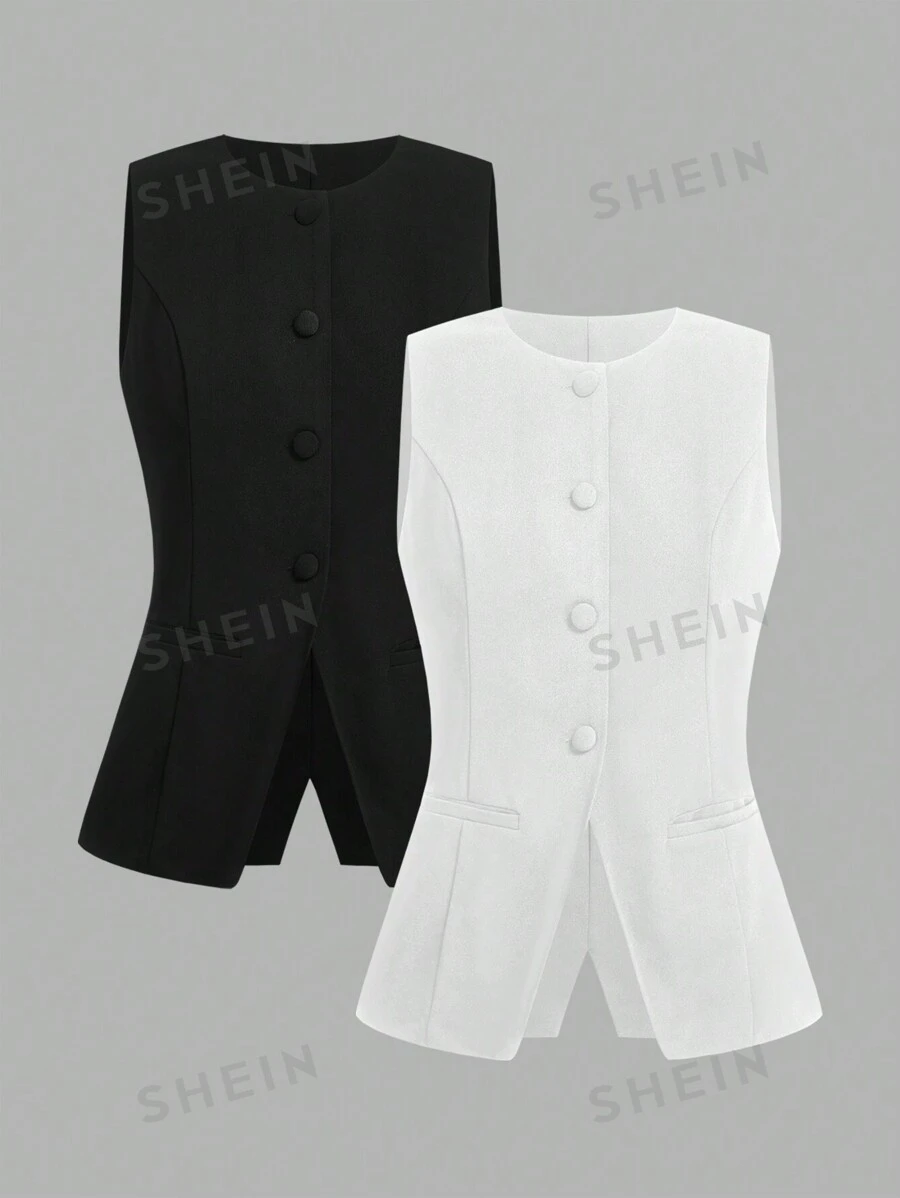 SHEIN EZwear Blazer casual minimalista sin mangas con botones delanteros de unicolor para mujer en otoño/invierno