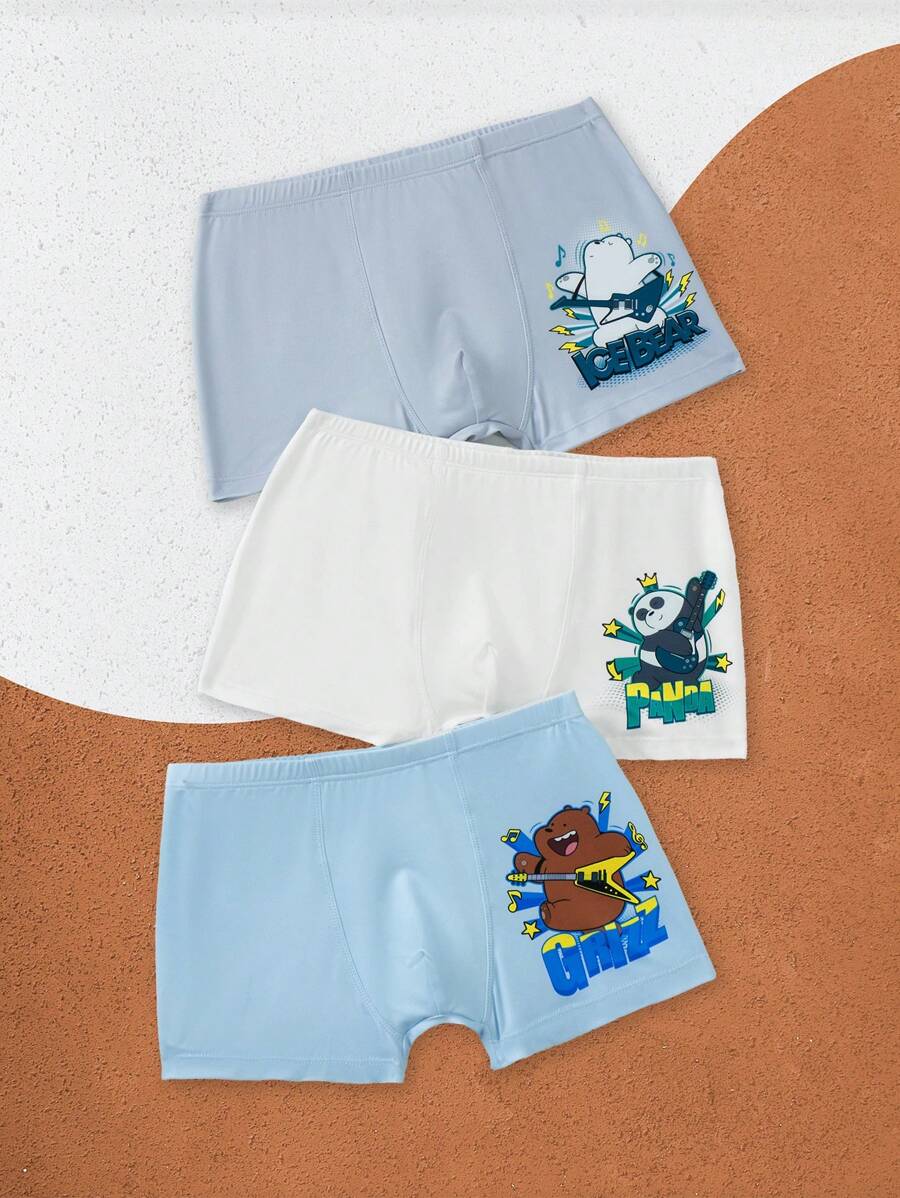 We Bare Bears X SHEIN 3pcs Tween Boy Cartoon Bear Print Comfortable Boxer Briefs - Multicolor - View 1