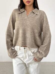 SHEIN PETITE Women's Casual Crew Neck Long Sleeve Knit Sweater
