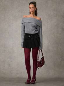 SHEIN BAE Women Gray Solid Color Commuter/Fashionable Versatile/Girlfriends' Gathering/Office Siren/Greyscale Outfit Pleated Casual Mini Skirt/Pleated Mini Skirt/Pleated Woven Twill Skirt/Skater Skirt/Going Out Skirt