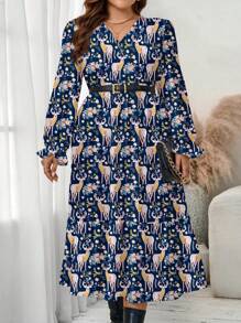 Glamance Pati Paints Women Royal Blue Plus Size Dresses Long Sleeve V Neck Casual All Over Print,Plants,Plain Summer Outfits For Women Summer Dress For Women Sundress For Women Vacation Dress Going Out - Royal Blue - View 4