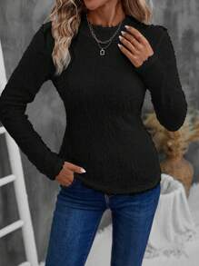 EMERY ROSE 女士长袖修身纯色针织衫，柔软触感面料保暖休闲 T 恤，秋冬 - 黑色 - 查看 7