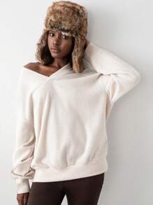 SHEIN Unity 1pc Women's Casual Simple V-Neck Textured Loose Long Sleeve Sweatshirt, Autumn/Winter Pullover Fall - Beige - View 1