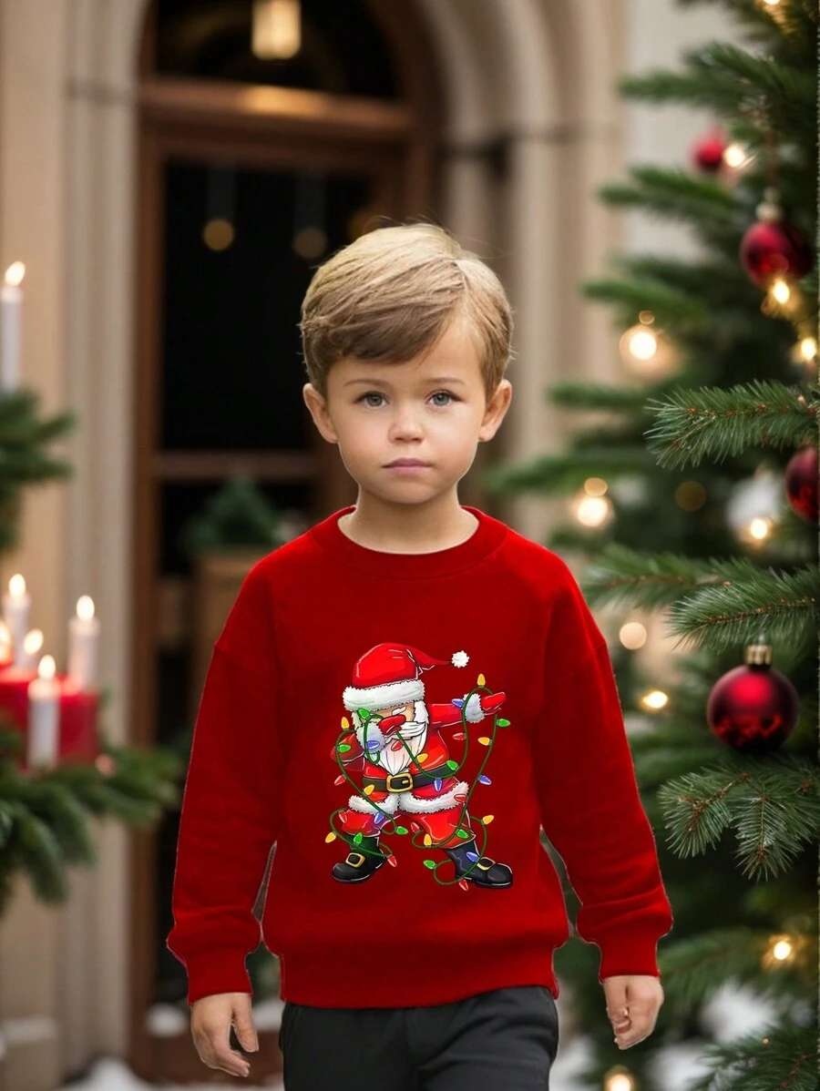 Young Boy Christmas Cartoon Pattern Red Round Neck Print Sweatshirt, Autumn/Winter - Red - View 1