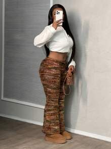 Slaydiva Pantalones acampanados de punto con cuello en V y cintura cruzada, pantalones largos esponjosos para mujer