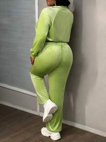 Slaydiva 2pcs/Set Plus Size Casual Sports Zip-Up Jacket And Flare Pants, Green, Autumn/Winter