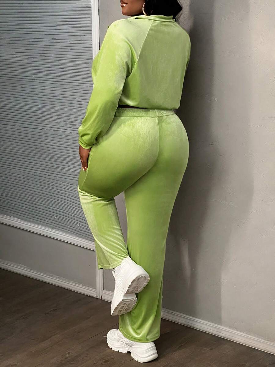 Slaydiva 2pcs/Set Plus Size Casual Sports Zip-Up Jacket And Flare Pants, Green, Autumn/Winter