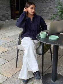 DAZY Solid Color Loose Fit Long Sleeve Turndown Collar Zipper Twist Rope Women Sweater,Fall Women Clothes - Navy Blue - View 8