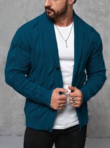 Manfinity Homme 男士纯色长袖披肩领单排扣休闲开衫，秋冬 - 藍色 - 查看 3