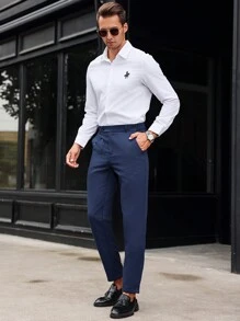 Manfinity Mode Men's Slim Fit Casual Trousers With Pockets, Business Pants,Blue Suit Pants,Boyfriend Gifts - Navy Blue - View 3