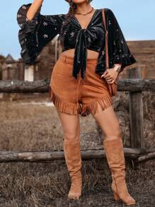 SHEIN VCAY Plus vintertoppar för Thanksgiving och utflykter, westerntopp för homecoming och westernklädsel för rave, festivaltopp med sammet och knytband framtill för nyår - Svart - Visa 4