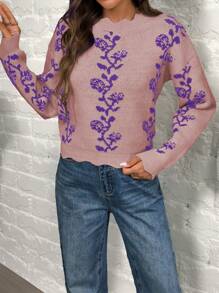 SHEIN LUNE 1pc Women Elegant Shell Trim Blue & White Porcelain Print Long Sleeve Sweater