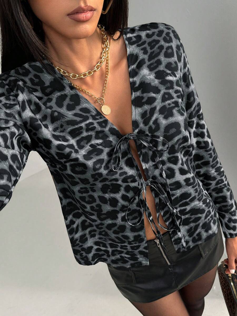 GENKIRA Sexy Random Leopard Print V-Neck Drawstring Long Sleeve Blouse Fall Cloth For Women - Grey - View 1
