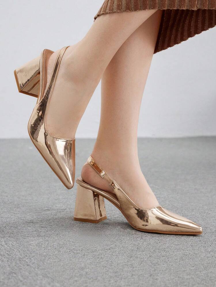 CUCCOO BIZCHIC Stylish Champagne Patent Metallic Material Backstrap Pointed Toe Chunky Heels Women's Pumps For Commuting, Dating, Party, Wedding, Holiday Spring Shoes Spring Break Easter For Christmas Spring Shoes