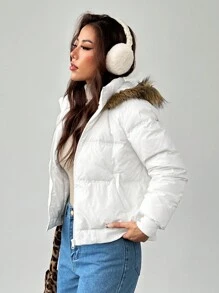 SHEIN PETITE Women's Hooded Fur Collar Down& Feathers Jacket Is Warm And Suitable For Autumn And Winter - White - View 5