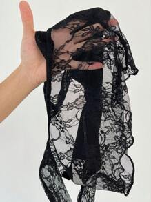 SHEIN PETITE 女士夏季修身褶饰蕾丝短款吊带背心 - 黑色 - 查看 9