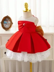 Glamorique Kids 圣诞派对装圣诞老人连衣裙，适合女婴，新款秋冬蝴蝶结缎带蕾丝边连衣裙，幼儿生日派对网纱薄纱裙 - 紅色 - 查看 7
