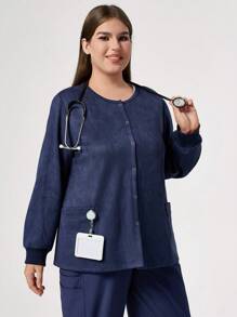 TaskEZ معطف زي السكرب ذو أكمام طويلة وجيب أمامي وأزرار أمامية وياقة مستديرة، باللون الأحادي، سايز كبير