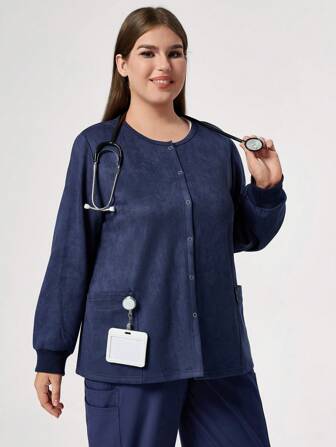 TaskEZ Plus Size Effen Kleur Ronde Hals Voorkant Knoop Zak Lange Mouw Scrub Uniform Jas Scrub Buitenkleding