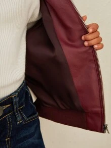 SHEIN Leap Crew 年轻女孩编织纯色 PU 领宽松休闲风衣夹克 - 酒紅色 - 查看 7