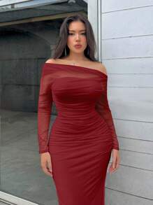 Firerie Women White Asymmetrical Neckline Long Sleeve Dress With Side Slit - Red - View 3