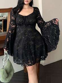 Flirla Plus Size Women's Lace Up Ruffle Square Neck Exaggerated Flare Sleeve Party Elegant Dress - Black - View 6