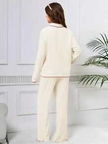 SHEIN طقم بيجامتين من بنطلون طويل مطرز بالكرز الوردي وكارديجان طويل الأكمام، مجموعة ملابس نوم للبنات المراهقات، ملابس منزلية عصرية - لون مشمشي - مشاهدة 2