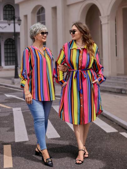 SHEIN Clasi 大码衬衫领前纽扣长袖条纹简约休闲连衣裙