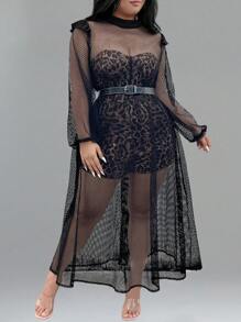 Allurite Robe en maille transparente sexy grande taille + ensemble 2 pièces hauts court bandeau imprimé léopard et short