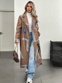 SHEIN LUNE Women Letter Pattern Lapel Collar Long Sleeve Longline Casual Overcoat, Autumn/Winter