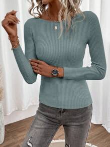 SHEIN Clasi Casual Solid Color Ribbed Knit Fitted Sweater, Autumn - Mint Blue - View 4