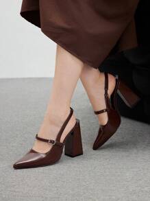 CUCCOO BIZCHIC Simple Basic Coffee Brown Thick Heel Pointed Toe Strap Women's Shoes, Fashion Spring Shoes Spring Break Easter