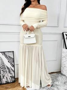 Celure Women Solid Color Off Shoulder Long Sleeve Ruched Dress Maxi Women Outfit - Apricot - View 5