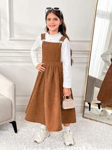 SHEIN Tween Girl DRMZ Tween Girls Casual Minimalist Comfortable Versatile Corduroy Strap Khaki Jumper Autumn Winter Dress - Khaki - View 3
