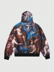 ROMWE MEN Street Life Men's Casual Letter & Figure Print Long Sleeve Loose Hooded Sweatshirt For Autumn - Multicolor - View 2