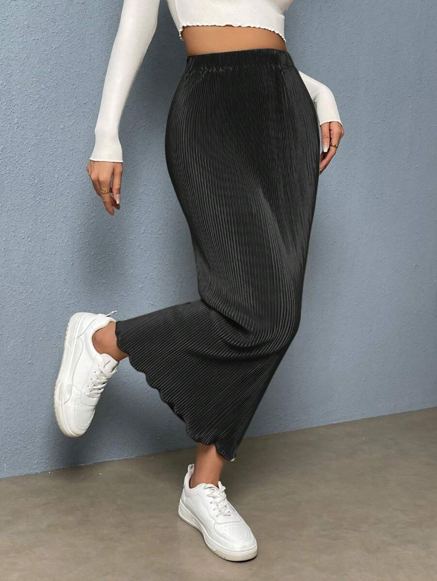 SHEIN Essnce Women Solid Color Elastic Waist Curved Hem Casual Maxi Skirt - Dark Grey - View 1