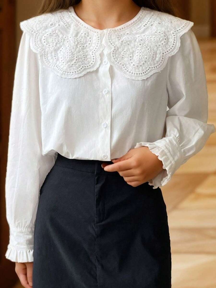 SHEIN Tween Girl White Long Sleeve Hollow Ruffled Collar Blouse For Autumn,Holiday,Summer,Travel - White - View 1