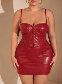 SHEIN BAE Plus Size Women Elegant Big Girl Charm Luxurious Party/Date Halloween Red Boned Bustier Spaghetti Strap Elastic PU Leather Mini Dress, Autumn/Winter,Birthday Dresses For Women - Red - View 5