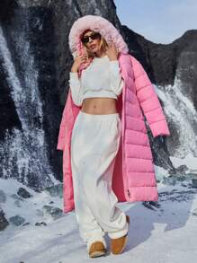 GENKIRA 时尚休闲宽松连帽长款棉衣，厚毛绒领，女士冬装外套节日派对服装 - 粉色 - 查看 3