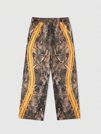 Street Life Pantalon décontracté ample à taille coulissante avec imprimé branche d'arbre et lettre, style de rue pour hommes