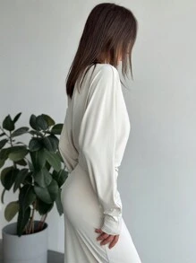 Aloruh Vestido largo de unicolor con cintura y hombro asimétrico, adecuado para vacaciones, citas y salidas, otoño/invierno