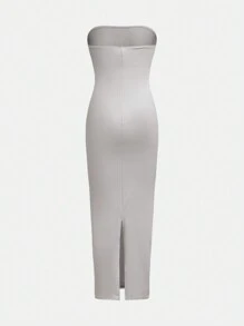 SHEIN Teen Girl Strapless Slit Dress, Bodycon Design, High Waist Slit, Suitable For Parties - Grey - View 2