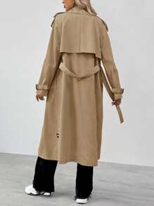 SHEIN Tall 秋季休闲双排扣系带风衣 - 卡其色 - 查看 2