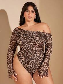 SHEIN BAE Plus Size Autumn And Winter Women's Sexy Leopard Print Asymmetric One-Shoulder Long-Sleeved Bodysuit,Thanksgiving, Christmas, New Year, Outing, Cocktail Dress, Music, Birthday Dress, Party, Off Shoulder, Asymmetric,Birthday, Family Gathering, Fall And Winter,Valentine's Day