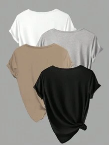 INAWLY Plus Size Women's Solid Color Round Neck Short Sleeve T-Shirt Set - Multicolor - View 2